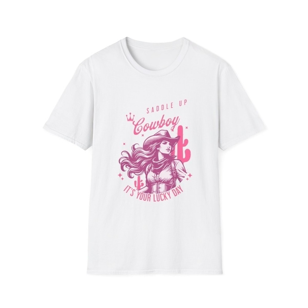 Womens Saddle Up Cowboy Lucky Day Graphic Tee Pink Western‎ Style | White S
